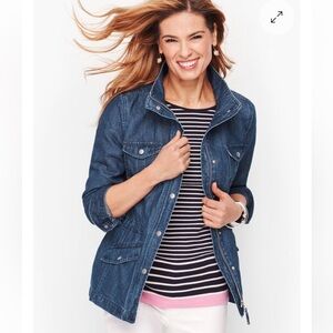 Talbots Dark Blue Wash Denim Safari Utility Jacket Sz Cotton Hemp Blend 2X